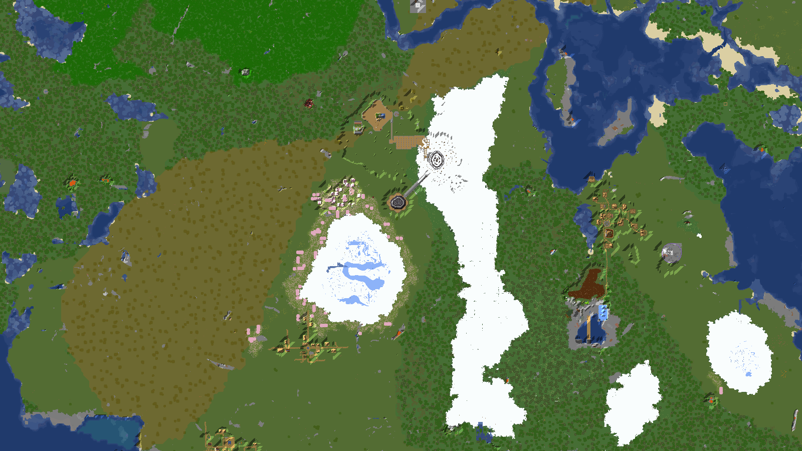 Closer in, with settlements, a nether portal and a cherry grove